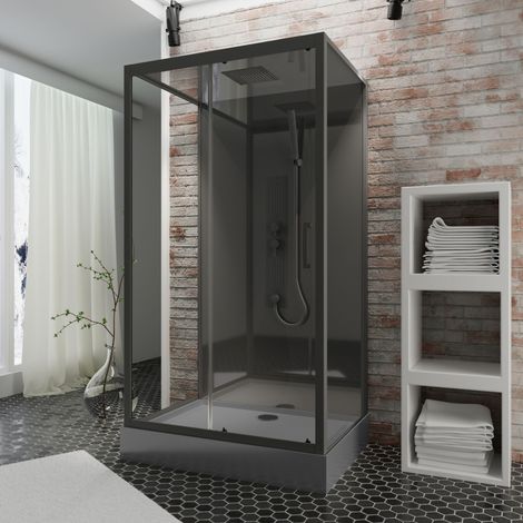 Schulte Komplettkabine Bali 115 x 85 x 215 cm - Duschkabine mit 5 mm klarem Sicherheitsglas, Regendusche-Funktion, Rückwand, Duschwanne & Gleittür, Profil Schwarz