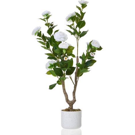 Lot de 2 camélias artificiels 110, camélia Artificiel avec 16/20/24 Fleurs, Plante Artificielle en Pot pour la Maison, la Porte d'entrée, l'intérieur et l'extérieur (1/4)