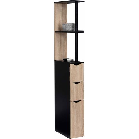 Idmarket – Meuble WC 3 portes noir et hêtre – Dimensions 15x33x136 cm – 2 tiroirs et 1 placard – Rangement compact pour sanitaires