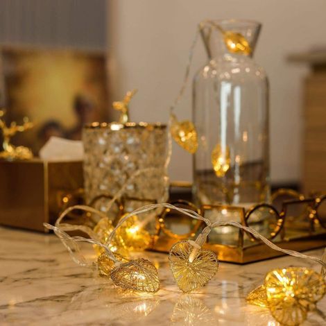 Luci a stringa LED a forma di cuore - 1,5 m USB - 10 cuori bianco caldo - Decorazione per camera da letto femminile, matrimonio, toeletta - Oro (1/5)