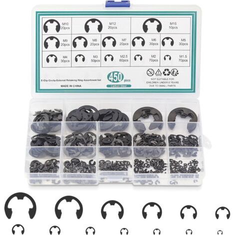 Circlips Interne E-clips, 450 pièces 13 tailles Anneau de Retenue Assortiment avec Boîte de Rangement (1/5)