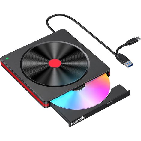 Lecteur CD DVD Externe, Graveur DVD Externe avec USB3.0 Type-C, Lecteur CD/DVD RW ROM Lecteur Graveur CD DVD Optiques Externes pour PC, Laptop Desktops, Windows11/10/8.1/7, Mac OS Noir (1/5)