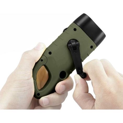 Kit lampe torche d'urgence - Lampe torche - Lampe torche à dynamo - Lampe torche solaire rechargeable - Lampe torche de randonnée - Avec mousqueton - Vert - 13 x 5,5 x 3,2 cm Vert armée (1/5)