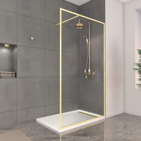 Parete doccia 120x200cm finitura Oro spazzolato + Piatto doccia effetto pietra 120x80x4cm (1/5)