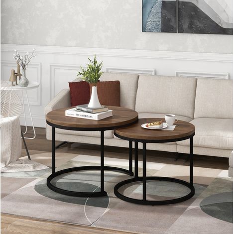 Set de 2 mesas de centro 50x50x70.5 y 45.5x45.5x44 cm color roble en MDF con estructura metálica apilables (1/5)