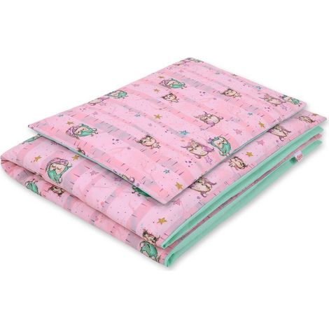 Ropa de cama infantil de algodón de dos piezas de doble cara - búhos rosas y menta (1/4)