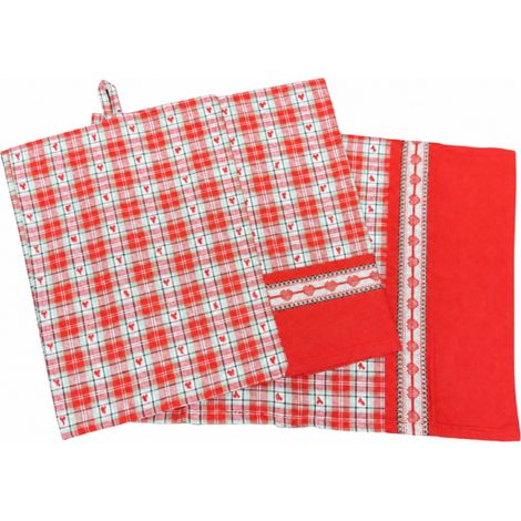 Lot de 3 torchons de cuisine Coralie – Coton – 3 modèles assortis esprit campagne chic - 50x70cm - Rouge (1/2)