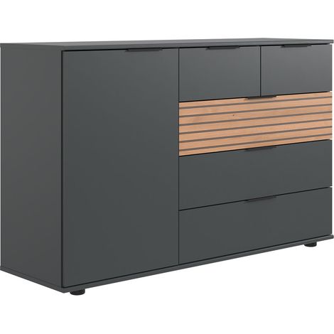 Commode combinée, meuble de rangement coloris graphite, rechampis aspect clayettes imitation chêne Artisan - Longueur 130 x Hauteur 83 x Profondeur 41 cm (1/3)