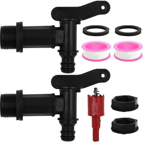 Lot de 2 Robinet Recuperateur Eau de Pluie, 3/4" Robinet Cuve Eau de Pluie avec Ruban Étanche et Ouvre-Trou, Adaptateur Tuyau Arrosage pour Maison Jardin Irrigation (1/5)