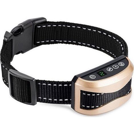 Rechargeable and automatic anti-barking collar for dogs with intelligent bark detection using vibration, sound, and electric shock. (1/5)