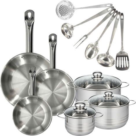 Fackelmann – Batterie de cuisine 3 poêles inox 20/24/28 cm – 3 faitouts inox 16/20/24 cm – 6 ustensiles compatibles induction – Cuisson saine sans PFAS