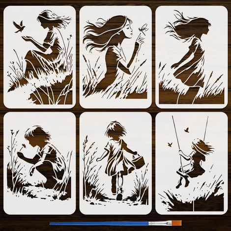 6Pcs Pochoirs Filles Graffiti Avec Pinceau Plastique 21x29.7cm Pochoir Réutilisable Fille et Nature Gabarit Thème Graffiti pour Dessin DIY Meuble Mur Sol Tissu Décoration (1/5)