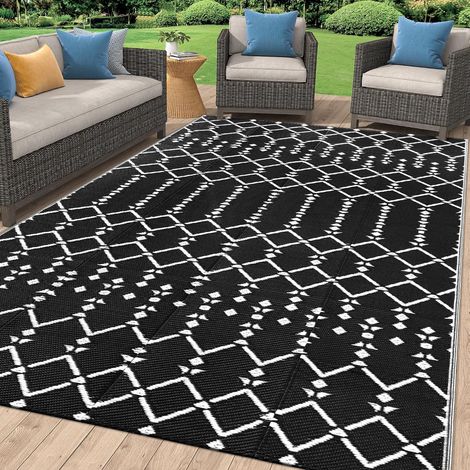 Tapis de Plein Air, 120 x 180 cm, sucettes en plastique réversibles et imperméables, tapis extérieur boho, tapis de sol extérieur pour patio, jardin, terrasse, pique-nique, plage, camping, noir (1/5)