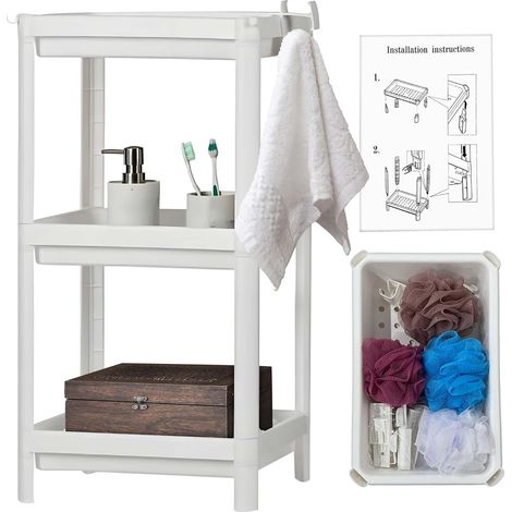 Dreistöckiger Duschorganizer aus Kunststoff, 23 x 36 x 70 cm. Badezimmerregal mit Schwämmen und Haken. Eck-Badezimmerorganizer. Badezimmeraccessoires. Freistehend. Rostfrei. (1/5)