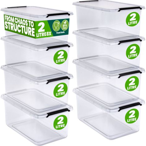 DEUBA® Storage Box With Click Closure Secure Lid 2 Litre and 5 Litre BPA Free Food-Safe Plastic Boxes Small Stackable Transparent Organisers for Kitchen Bedroom Garage Office 8x 2L (de) (1/8)