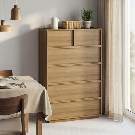Commode 80 x 48 x 127 cm chêne – 6 tiroirs, design minimaliste, sans matelas (1/5)