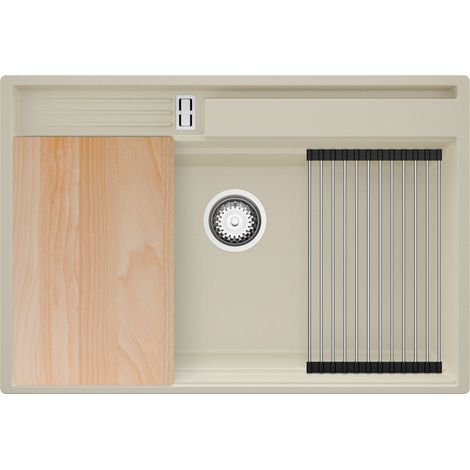 PRIMAGRAN Evier Cuisine en Granit 78x53cm,Lavabo 1 bac + Kit de Vidage + Accessoires, Évier à Encastrer au meuble 80cm - Oslo Pocket, Beige (1/5)