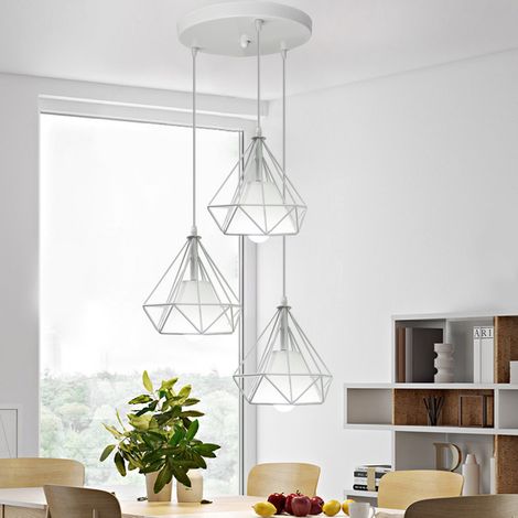 Pendelleuchte, 3 Flammig Vintage Kronleuchter mit Käfig, E27 Moderne Kunst Ø20cm Diamant Hängelampe (Weiß)