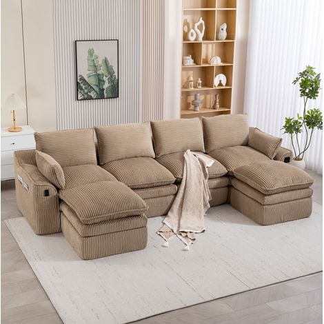 Sofa modular Cord khaki 335x167x85 cm mit 2 Hockern, Seitentaschen und Kissen (1/5)