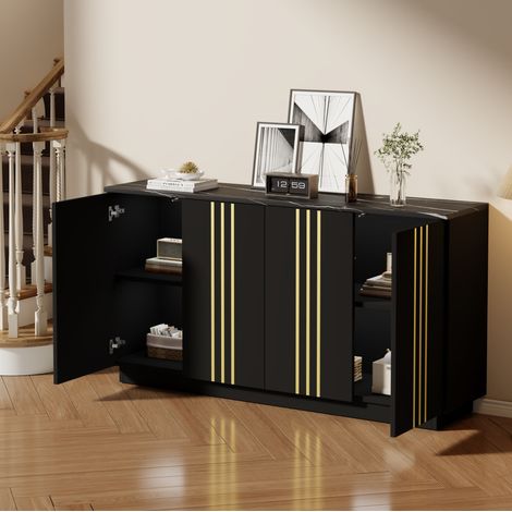 Buffet 140x35x70 cm nero in truciolare con 4 ante, finiture dorate, scomparti interni, stile moderno (1/5)