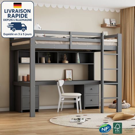 Lit mezzanine 90x200cm, pin, lit enfant avec bureau, rangement ouvert, lit simple, sans matelas, gris