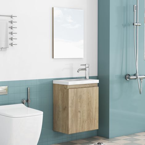 Armoire de salle de bain 40cm aspect bois mural, lavabo gain de place avec vasque en céramique & miroir, design sans poignée, charnières amortissantes, entièrement préassemblée & sans montage (1/5)