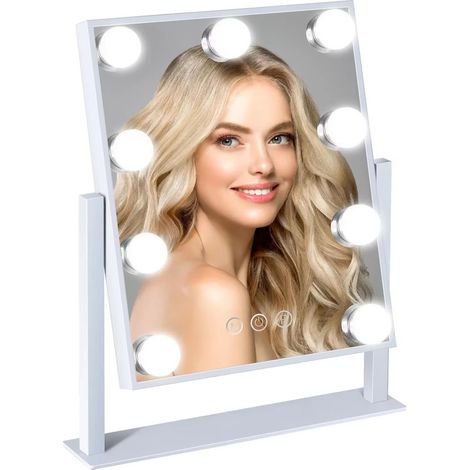 Miroir Hollywood Vanity lumineux 9 ampoules LED avec lumière 3 couleurs rotation 360° miroir de maquillage rotatif pour dressing chambre finition blanche élégante