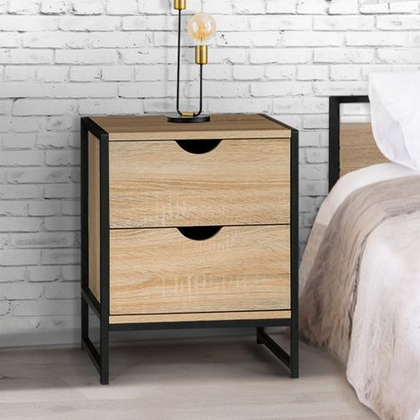 Lote de 2 mesillas de noche DETROIT, 2 cajones, diseño industrial