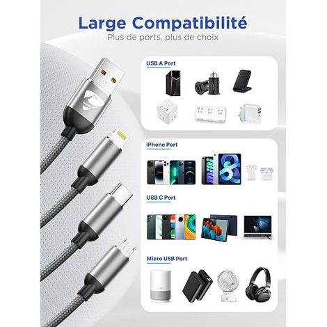 Câble Multi USB, Câble Universel [1.2M] Cable Multi Chargeur USBC Nylon Tressé Micro USB Type C Lightning Cable pour