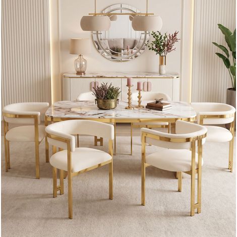 Lot de 6 chaises de salle à manger beige avec pieds dorés en métal et tissu chenille (1/5)