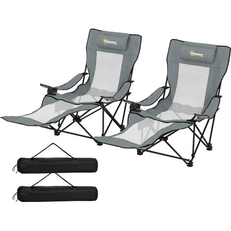 Lot de 2 chaises de camping pliantes, dossier réglable 4 positions, repose-pieds amovible, porte-gobelet, 125 x 80 x 90 cm, grises