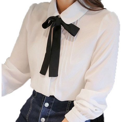 Chemises en mousseline pour femmes, style vintage, manches longues, nœud papillon, col Claudine, chemise habillée preppy (1/5)