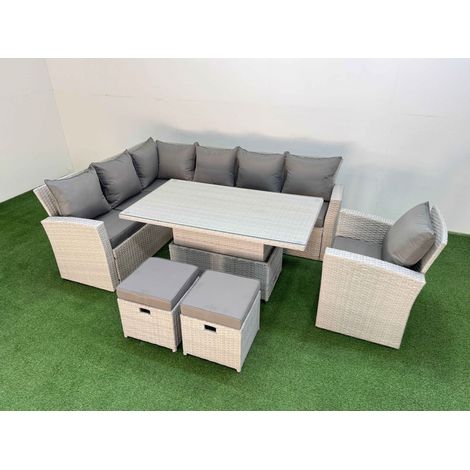Fimous 9 Seat Rattan Outdoor Garden Furniture Corner Sofa Set Adjustable Lifting Dining or Coffee Table Set with 2 Small Footstools Light Grey (1/5)