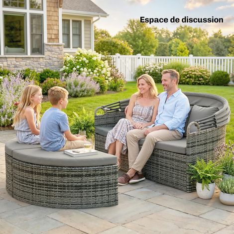 Runde Sonnenliege – Modulares 3-teiliges Gartenbett – Rattan – Ausziehbares Sonnendach – Hellgrau
