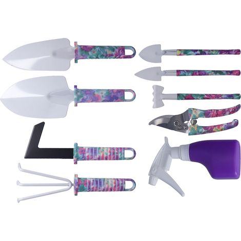 Kit d'outils de jardinage 9 pièces, imprimé violet, comprenant des outils de taille pour jardin intérieur et extérieur. (1/5)
