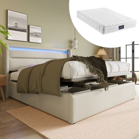 Lit capitonné moderne 140x200 cm avec coffre hydraulique, tête de lit LED, revêtement PU blanc et matelas inclus (1/5)