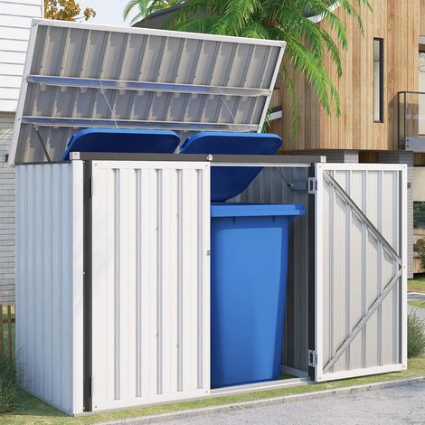 YODOLLA Cache Poubelle Exterieur en Métal, Abri pour 2 Poubelles 240L, Rangement Exterieur pour Outils, Blanc