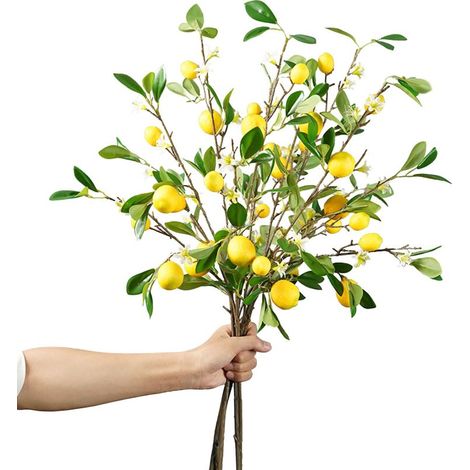 5 ramas de limón artificiales, adornos de limón brillantes de 68,5 cm, limones amarillos artificiales, decoración de mesa para cocina o hogar (amarillo) (1/5)
