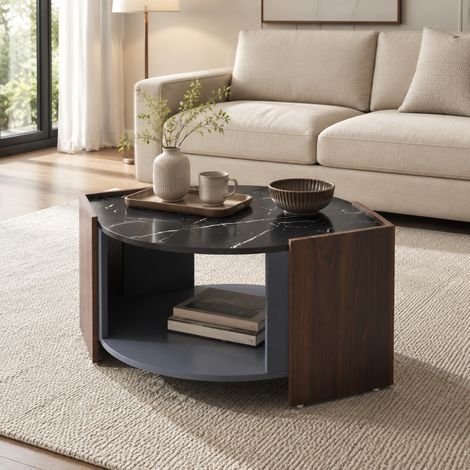 Couchtisch schwarz in Marmor- und Nussbaumoptik, 96,5 x 63 x 40 cm, mit offenem Fach (1/5)