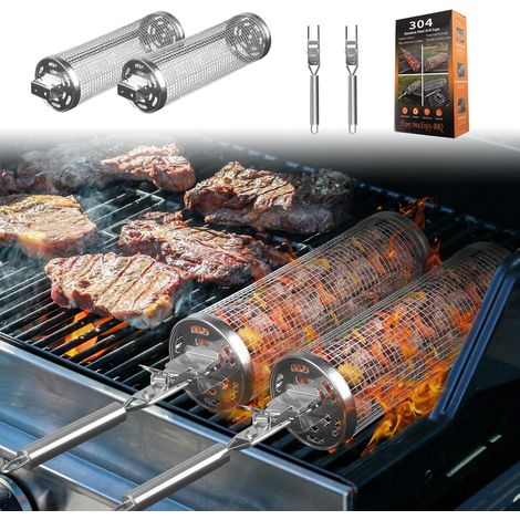 Lot de 2 paniers de barbecue à roulettes avec poignée amovible en acier inoxydable - Panier de barbecue rond pour barbecue en plein air, jardin, camping, accessoires de barbecue, cadeaux (1/5)
