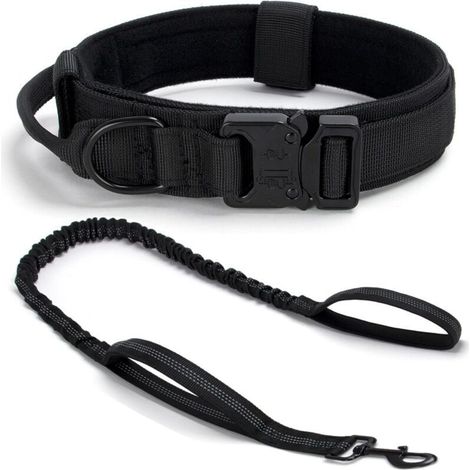 Collier de Chien Tactique Réglable avec Poignée et Boucle en Métal, Ensemble Collier et Laisse pour Chiens Moyens et Grands, Noir XL