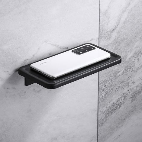 Soporte para rollo de papel higiénico + soporte para teléfono de aluminio negro, estilo nórdico, no requiere perforaciones, ahorra espacio.