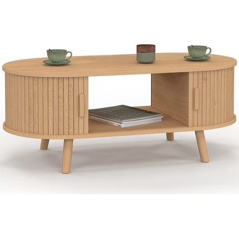 Ovaler Couchtisch ROMIE 100 cm, 2 Schiebetüren, Holzleisten, eichenfarbig