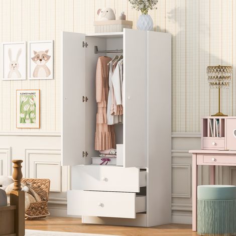 Armadio guardaroba 70x40x170 cm, con due cassetti grandi e zona appendiabiti, MDF bianco (1/5)