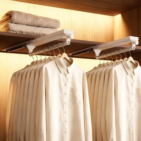 2 Pièces Tringle Penderie Extensible avec Poignée Ronde, Barre de Penderie Télescopique Coulissante 25 kg, Gain de Place pour Armoire Dressing, Tringle Extractible 30 cm pour Vêtements, Blanc (1/5)
