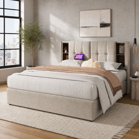Letto contenitore matrimoniale 140x200 cm, con ricarica wireless, USB e USB-C, in tessuto naturale, senza materasso (1/5)