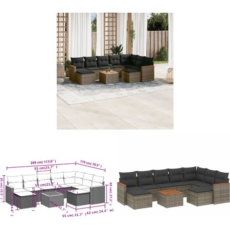 Salon de jardin avec coussins 10 pcs gris résine tressée - Ensemble Salon De Jardin - Meuble Extérieur - Résine Tressée - Rotin Synthétique - Mobilier De Jardin - Home & Living (1/3)