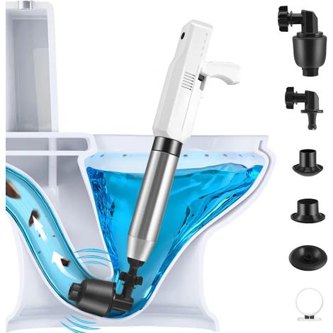 Déboucheur de toilettes à air comprimé avec ventouse et baromètre, équipé de 5 embouts interchangeables pour déboucher toilettes, siphons de sol et lavabos. (1/5)