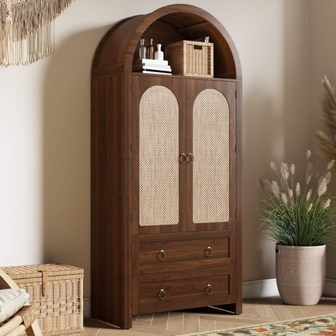 Buffet arqué effet rotin 80 x 40 x 180 cm meuble de rangement salon chambre avec niche ouverte 2 tiroirs crochets style vintage (1/5)