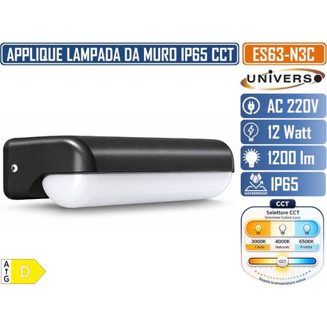 UNIVERSO ES63-N3C APPLIQUE PLFONIERA LED DA ESTERNO 12W 1200LM IP65 CCT SWITCH 3000K 4000K 6500K NERA 180° (1/5)